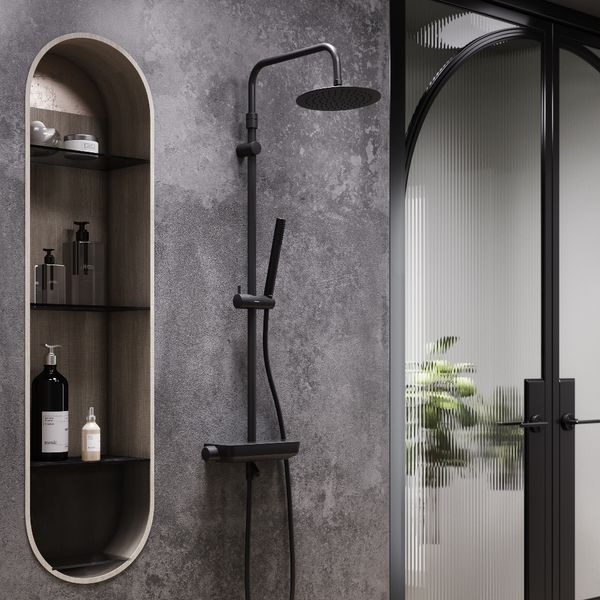 Душевая система с термостатом Damixa Scandinavian Pure 936760300 (черная матовая, с полкой и изливом) 936760300 фото