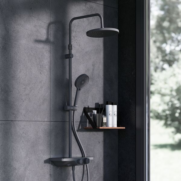 Душова система з термостатом Damixa Apollo 947760300 (чорна матова, з полицею та виливом) 947760300 фото